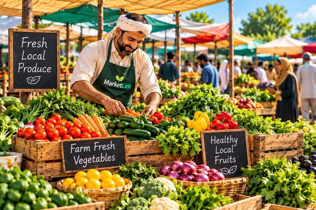 Farmer setting up vegetables and fruits on cart in vegetable market
