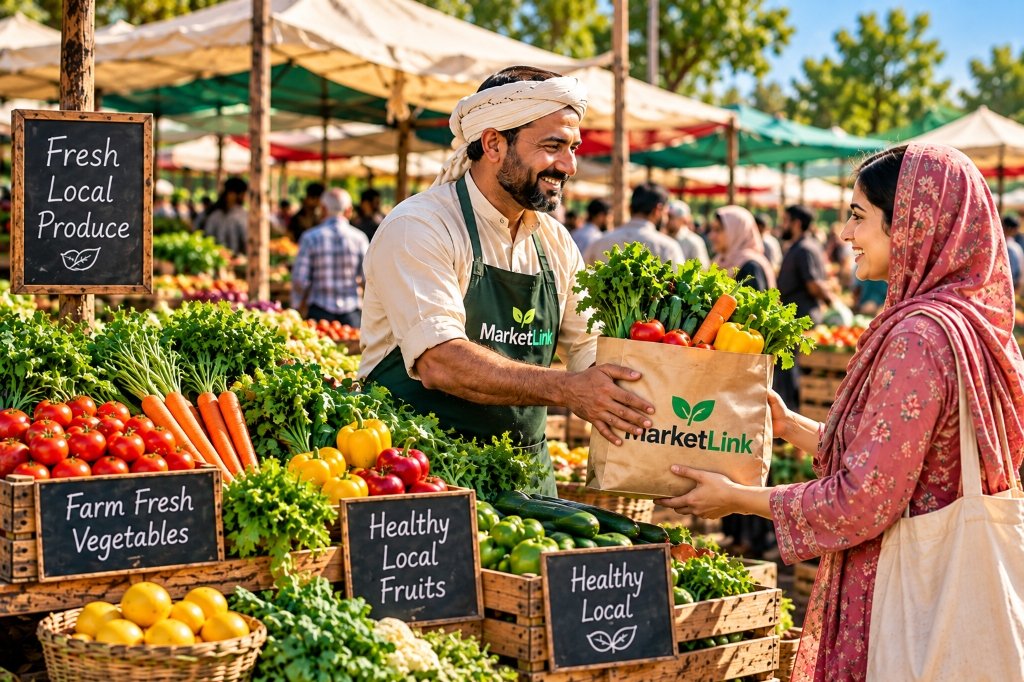 Customer getting ready-to-pick bags of vegetables and fruits from stall